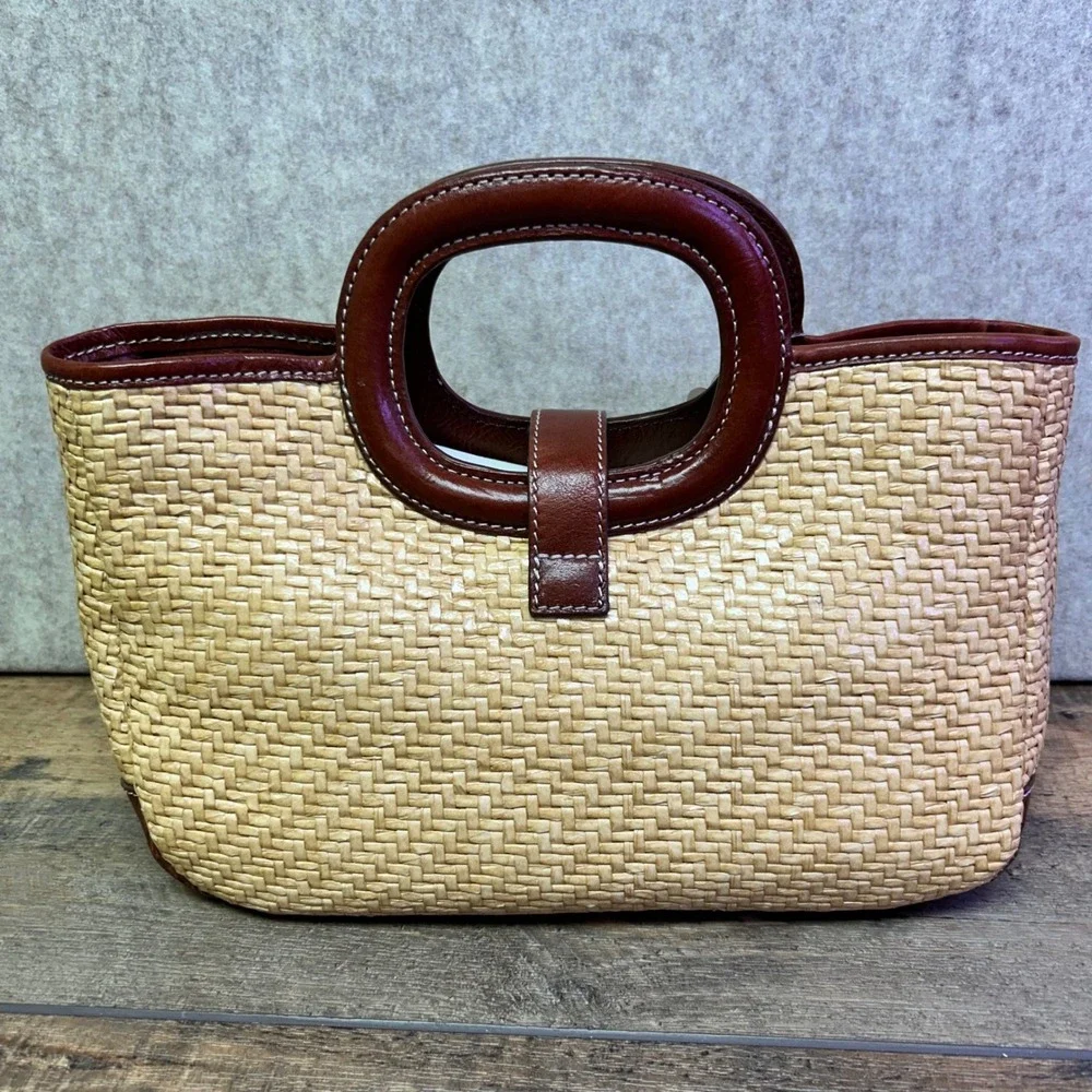 Franco Sarto Raffia Straw Tote Bag Top Handle Brown Leather Trim Natural NWT - Picture 2 of 9